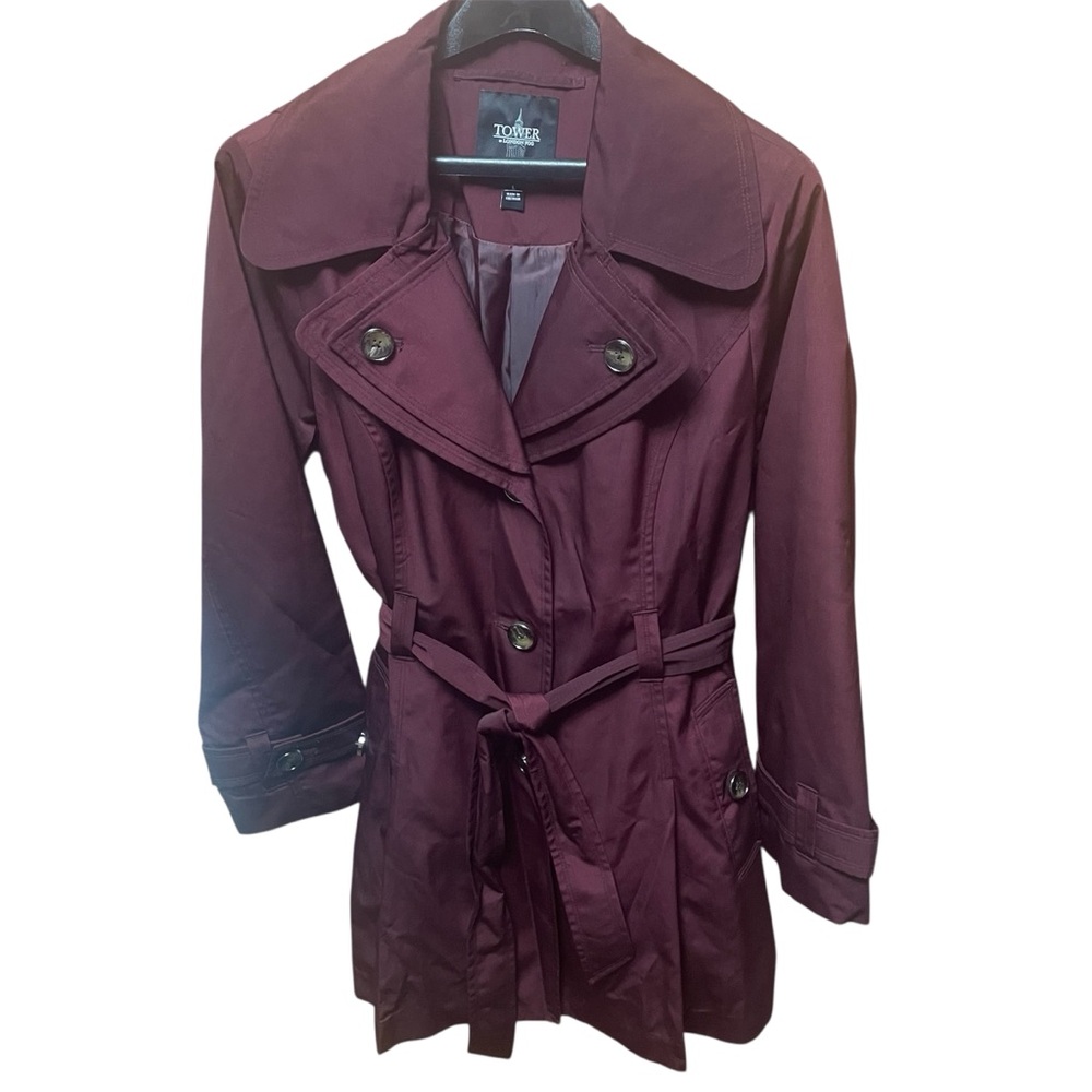 Tower by London Fog Women's Purple Burgundy Hooded Short Trench Coat Large